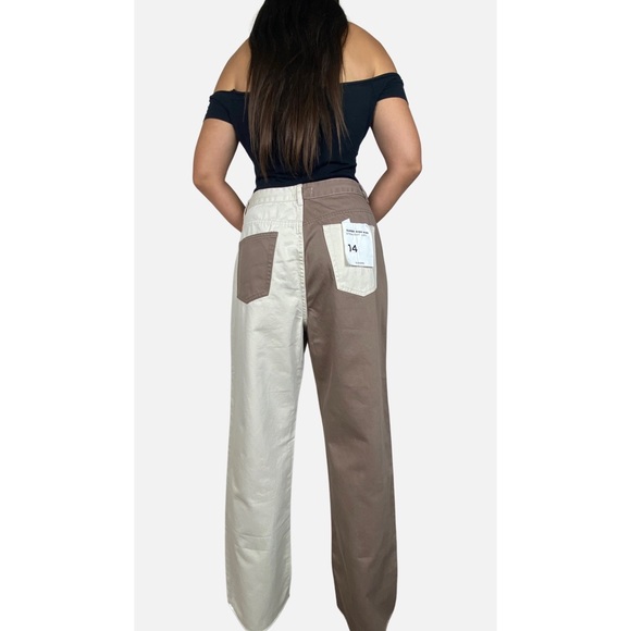 GLASSONS Brown Cream Two Tone Super High Waist Straight Leg Raw Hem Jeans Sz 14 - Picture 2 of 10